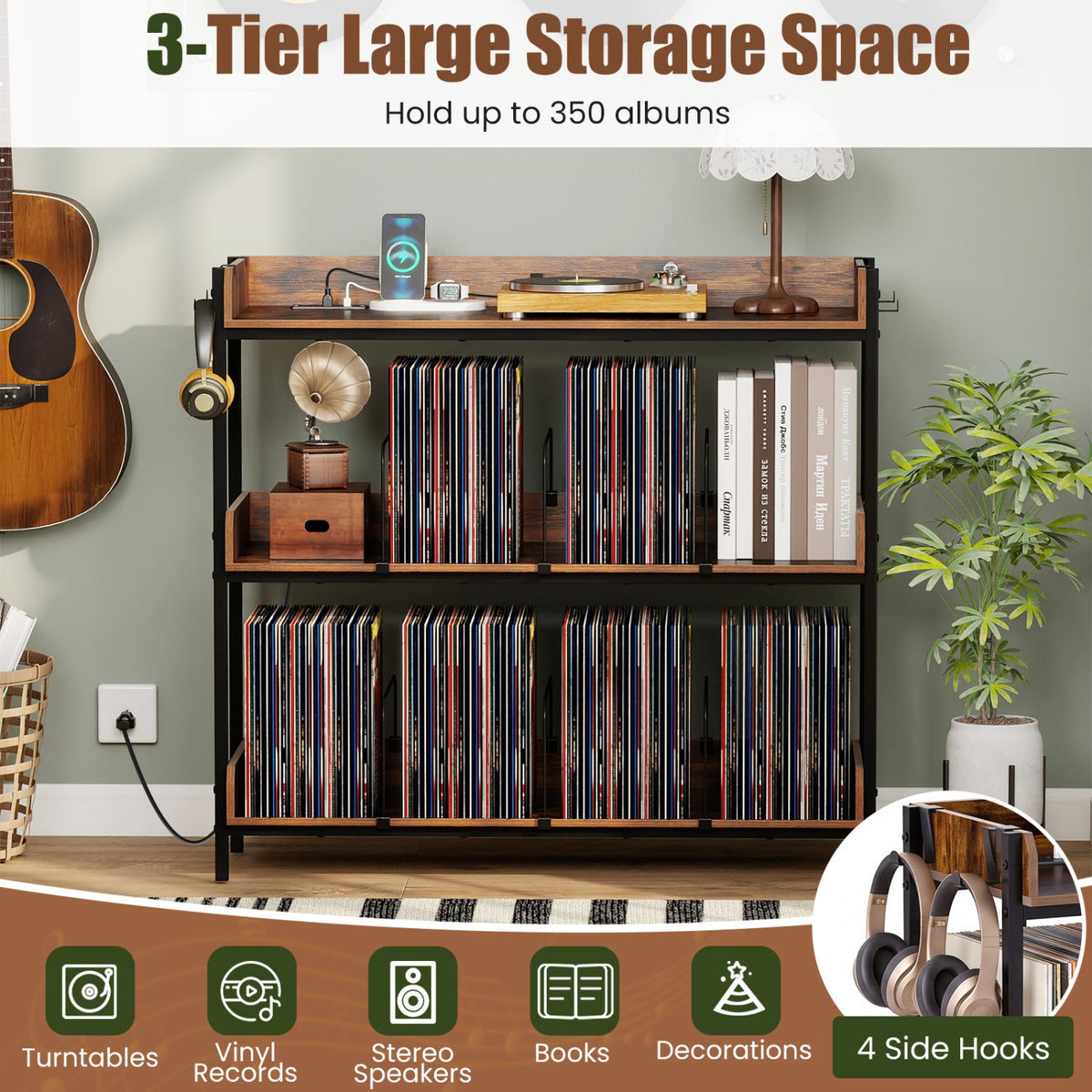 3-Tier Record Player Stand with Power Outlets & Metal Dividers