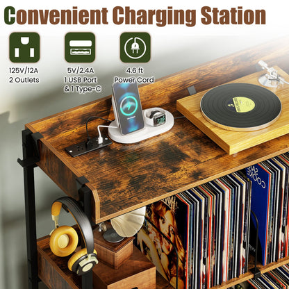 3-Tier Record Player Stand with Power Outlets & Metal Dividers