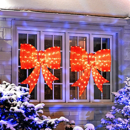 37 Inch Lighted Christmas Bow Decoration with Warm White LED Lights Set of 2
