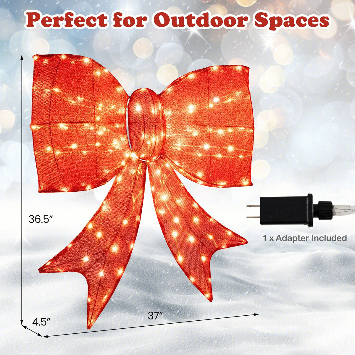 37 Inch Lighted Christmas Bow Decoration with Warm White LED Lights Set of 2
