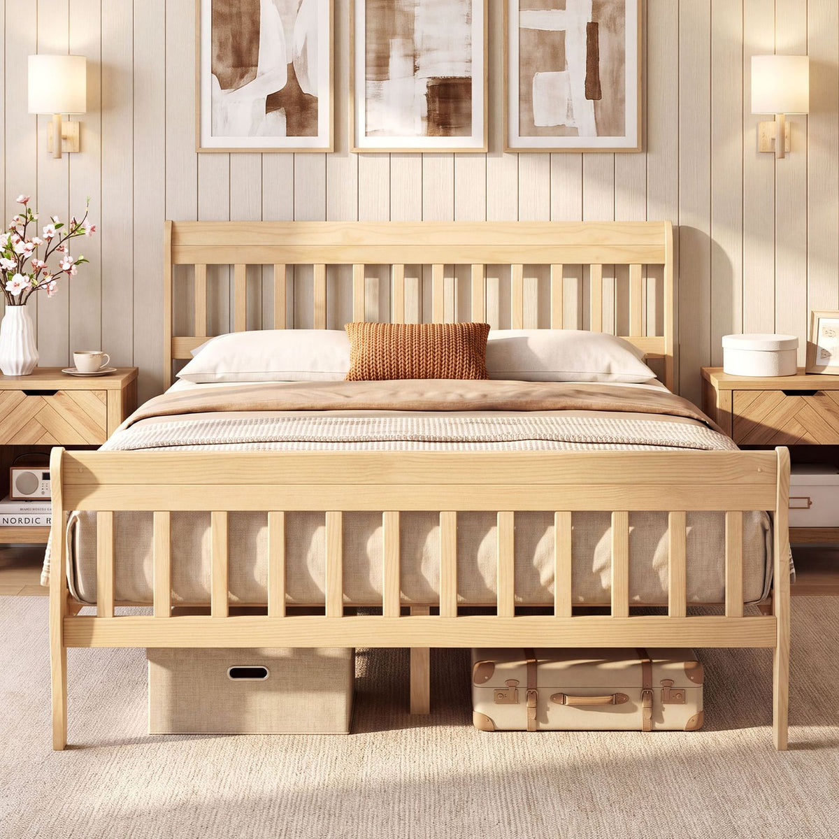 Solid Wood Platform Bed Frame with Headboard Wood Slat Support Natural