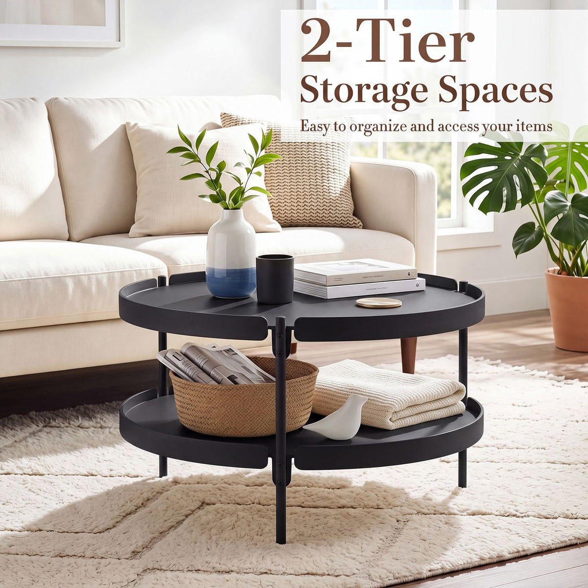 2-Tier Plastic Coffee Round Coffee Table for Living Room
