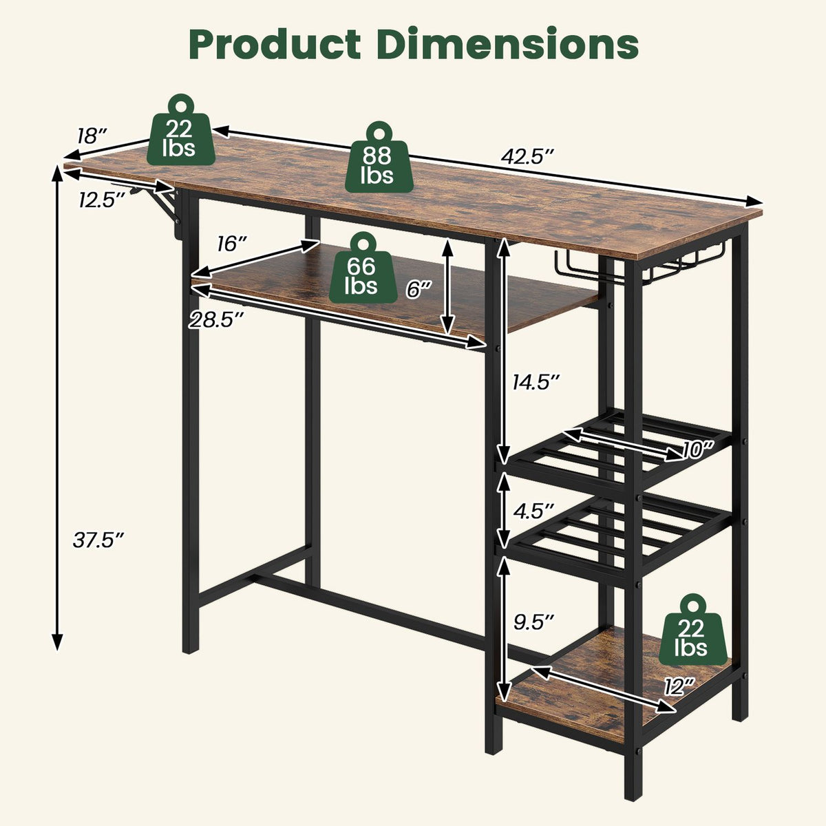 55" Drop-Leaf Counter Height Bar Table with LED Light and Remote Control for Small Space-Rustic Brown