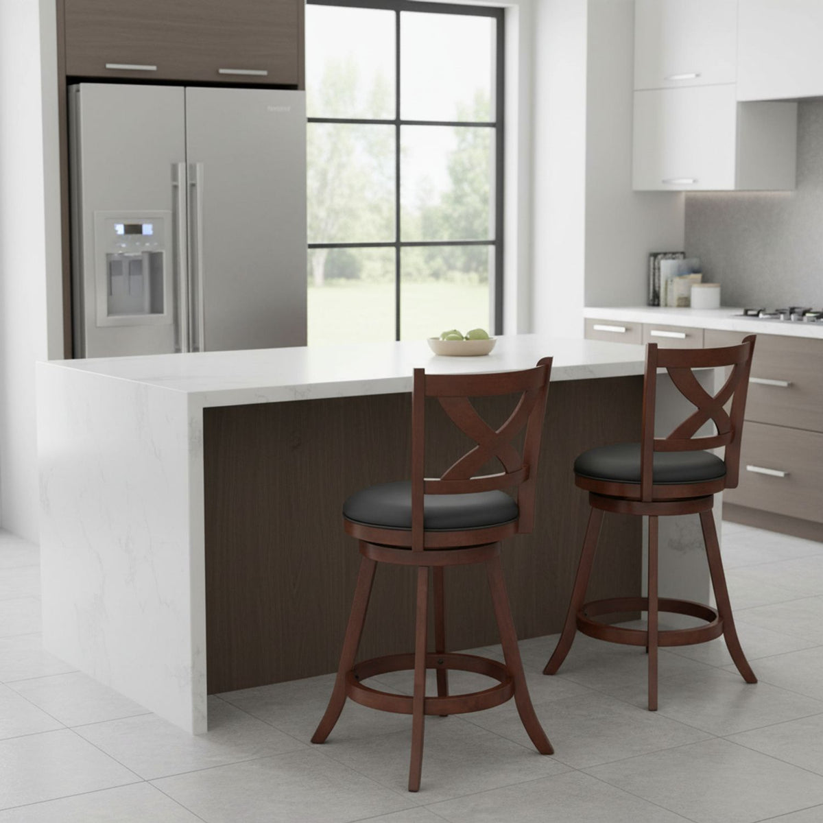 24" Counter Height Stools 2 PCS with Hollowed Backrest Swivel Padded Seat and Footrest-Espresso