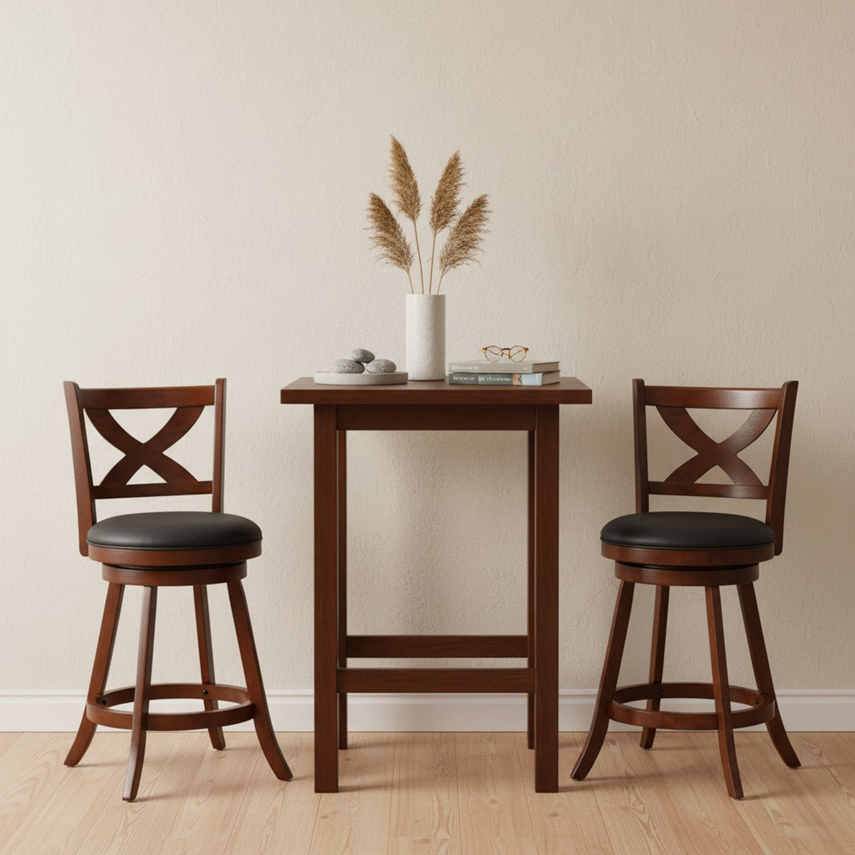 24" Counter Height Stools 2 PCS with Hollowed Backrest Swivel Padded Seat and Footrest-Espresso