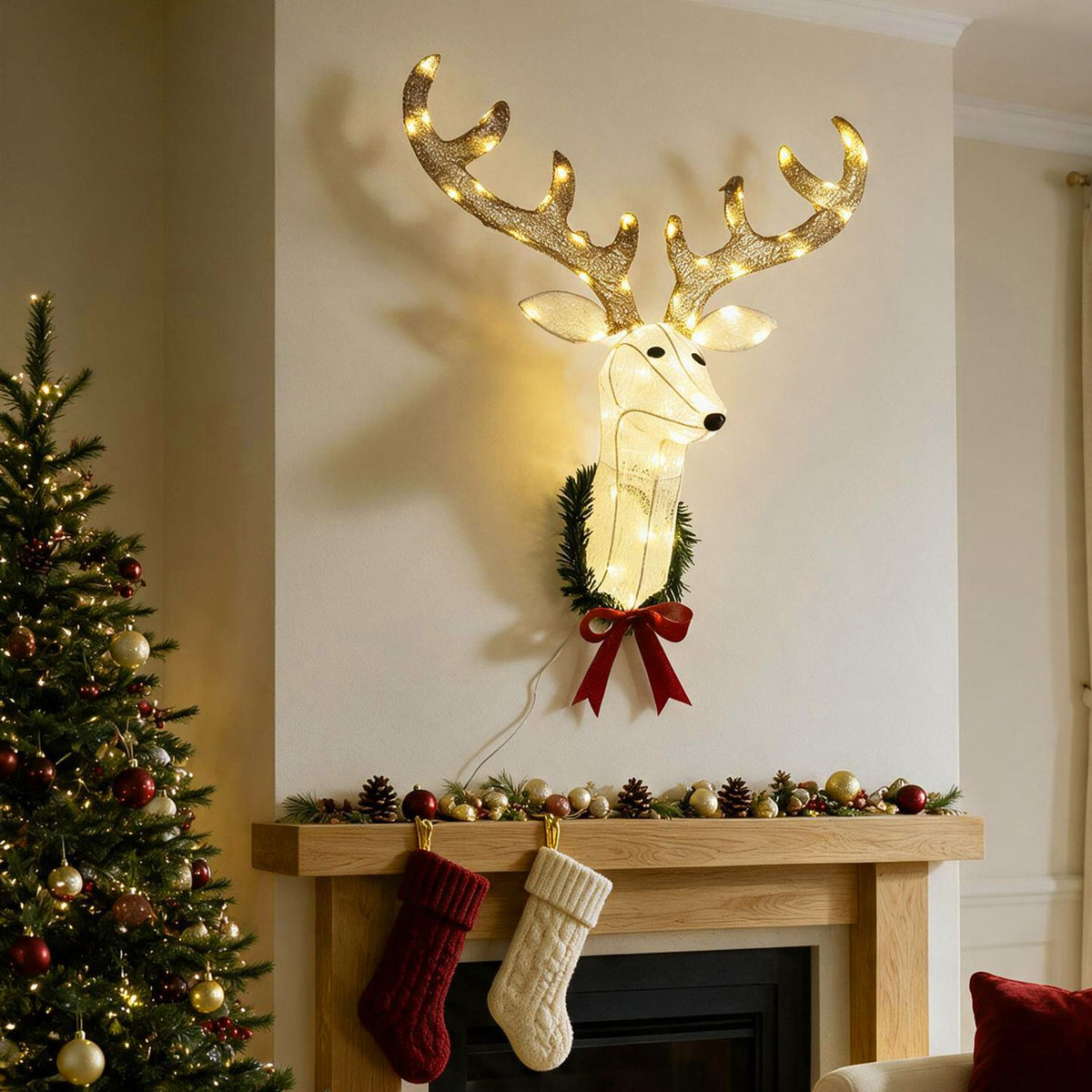 32” Pre-Lit 3D Rudolph Hanging Wreath with LED Warm White Lights