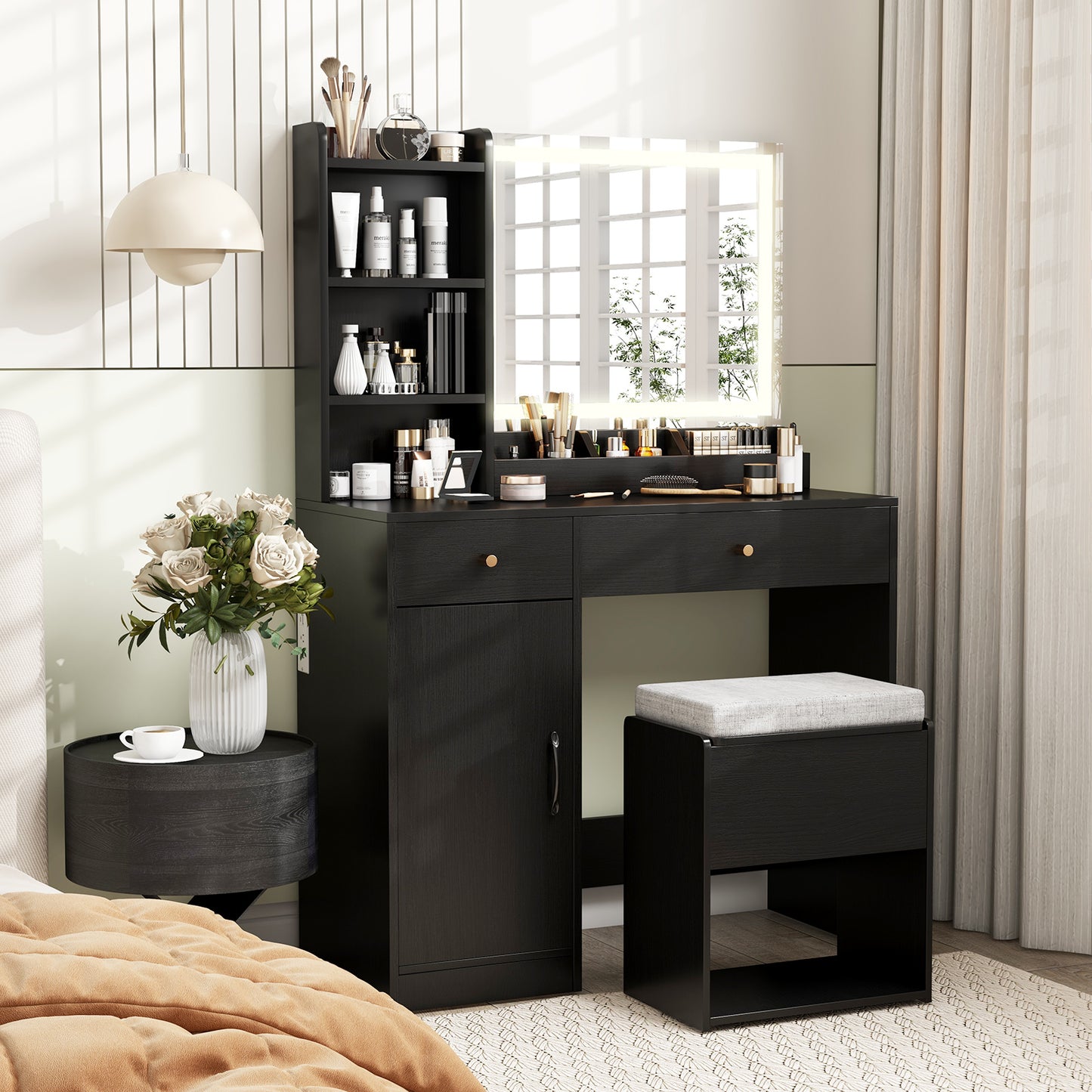 Vanity Table Set with Lighted Mirror and Storage Bench
