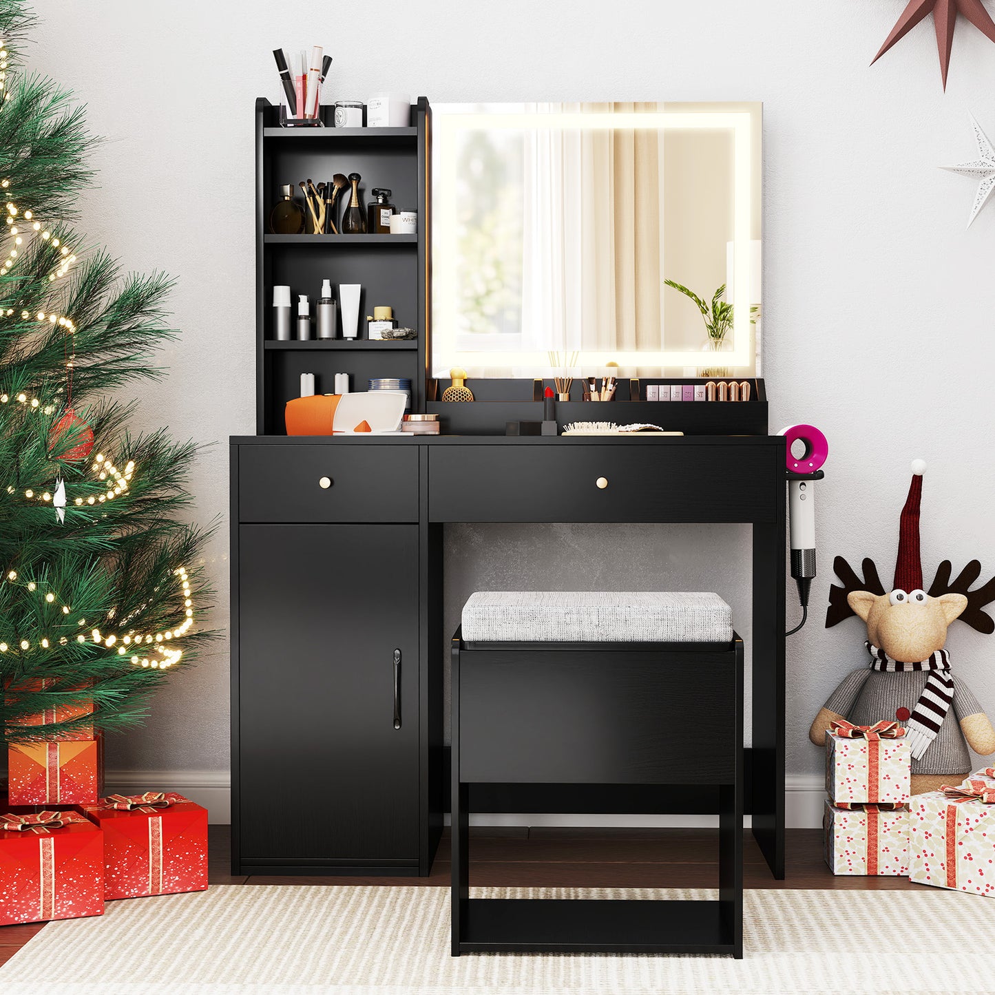 Vanity Table Set with Lighted Mirror and Storage Bench