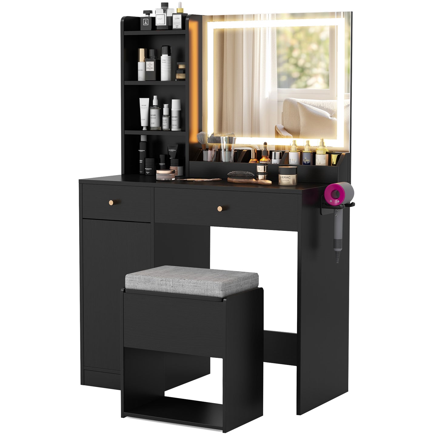 Vanity Table Set with Lighted Mirror and Storage Bench
