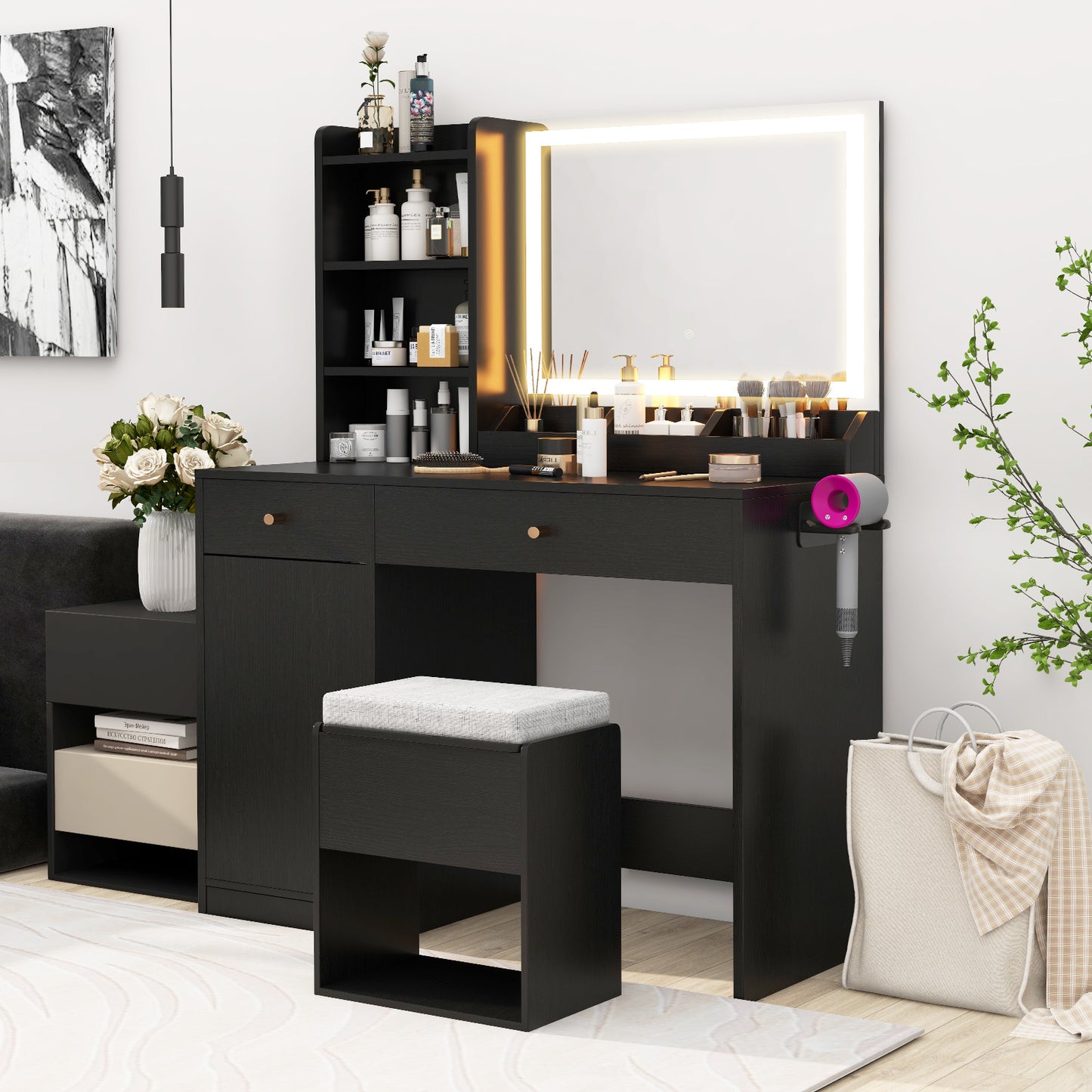 Vanity Table Set with Lighted Mirror and Storage Bench
