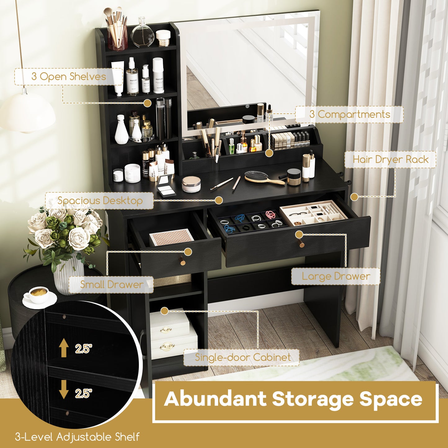 Vanity Table Set with Lighted Mirror and Storage Bench
