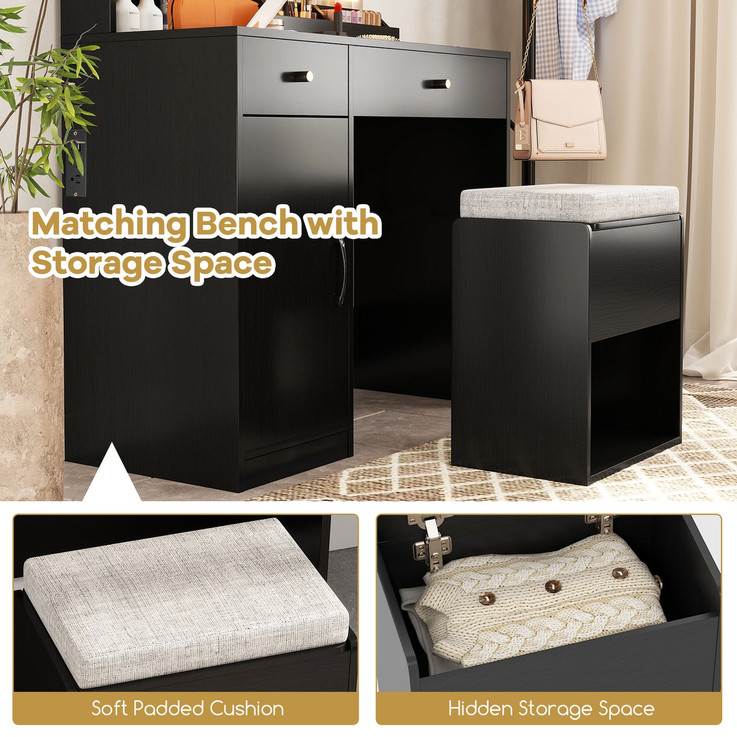 Vanity Table Set with Lighted Mirror and Storage Bench