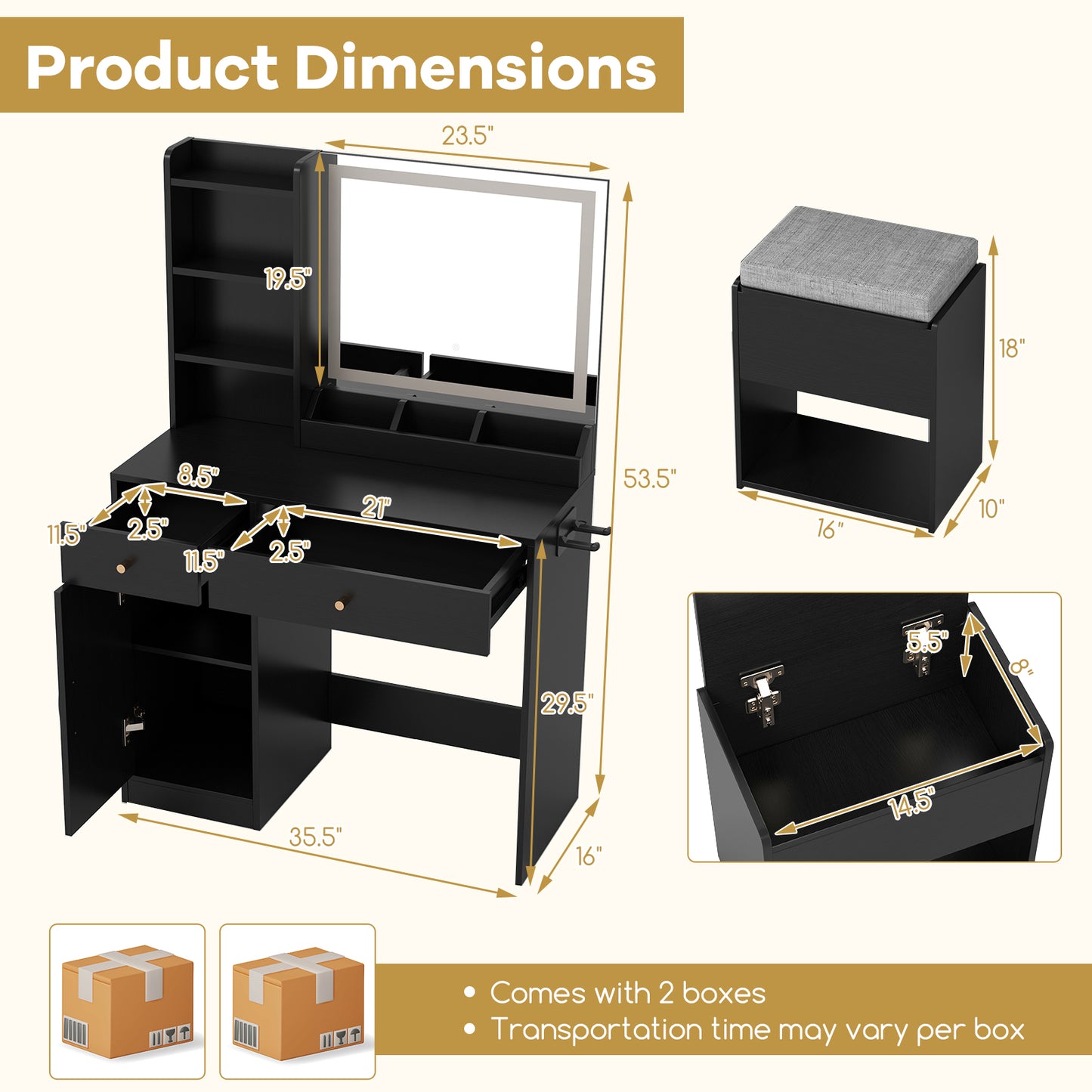 Vanity Table Set with Lighted Mirror and Storage Bench