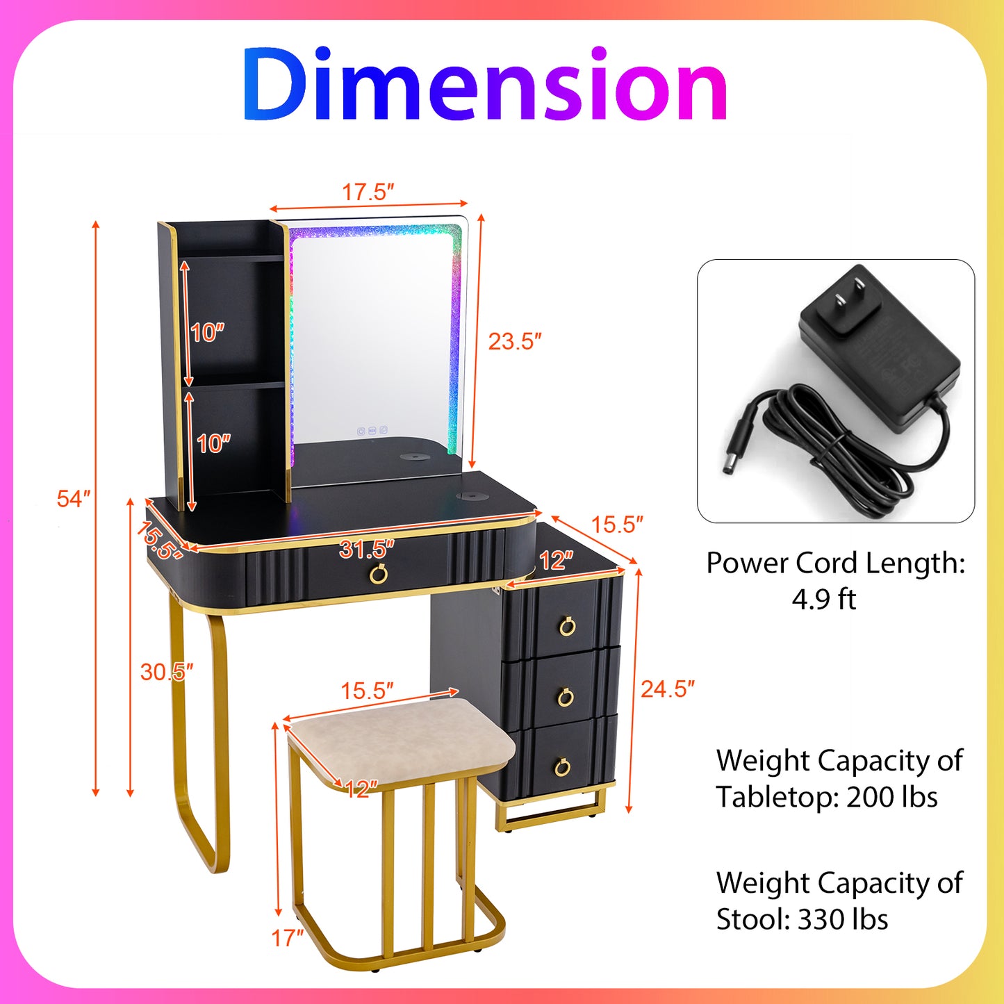 Vanity Table Set with RGB LED Lights & Wireless Charging