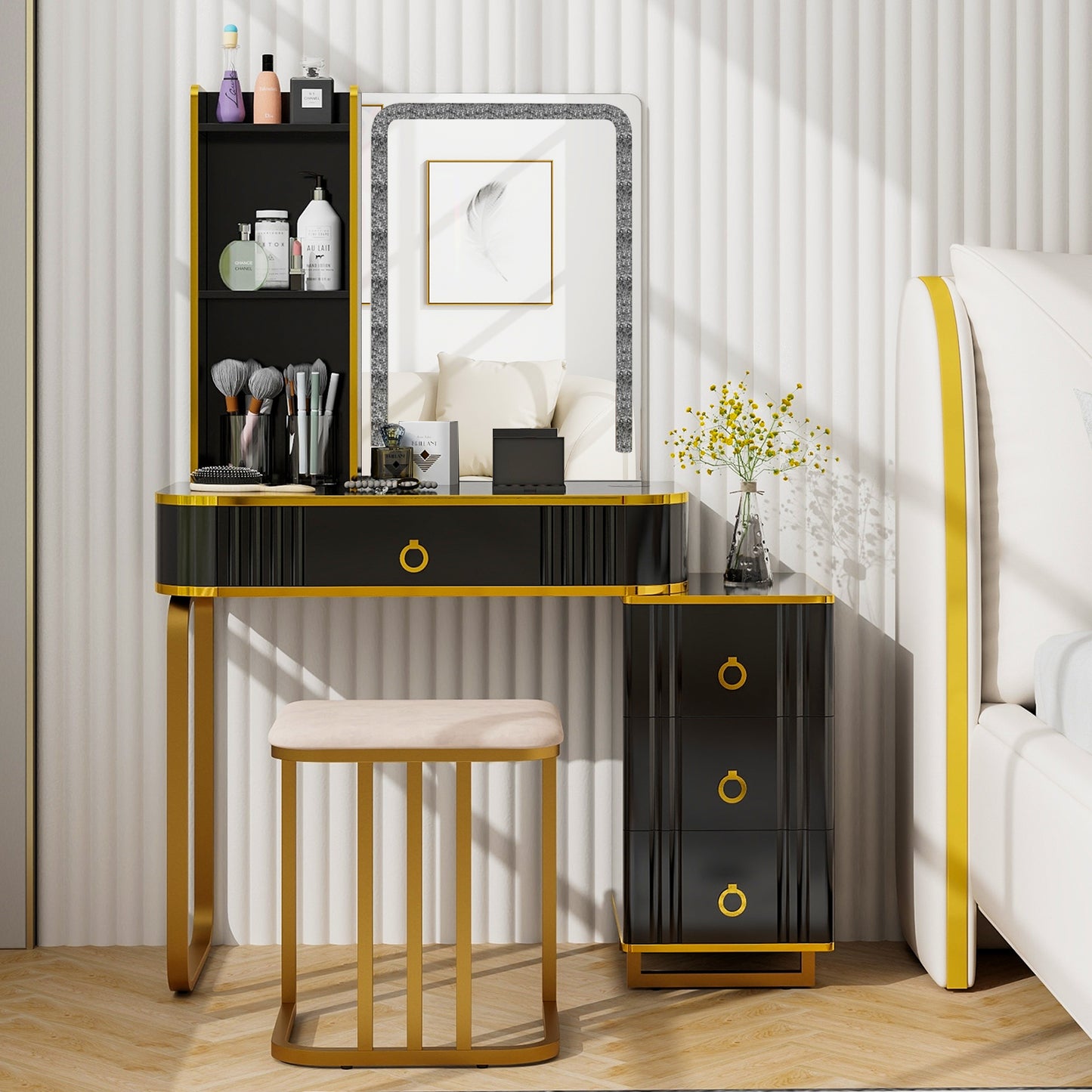 Vanity Table Set with RGB LED Lights & Wireless Charging