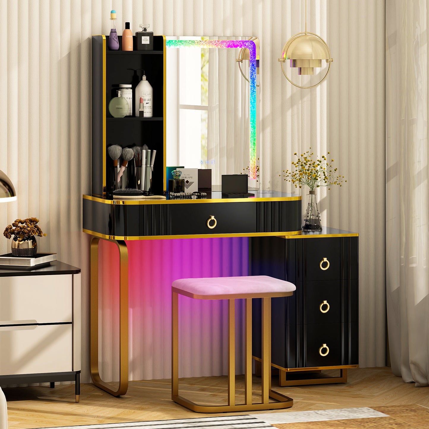 Vanity Table Set with RGB LED Lights & Wireless Charging