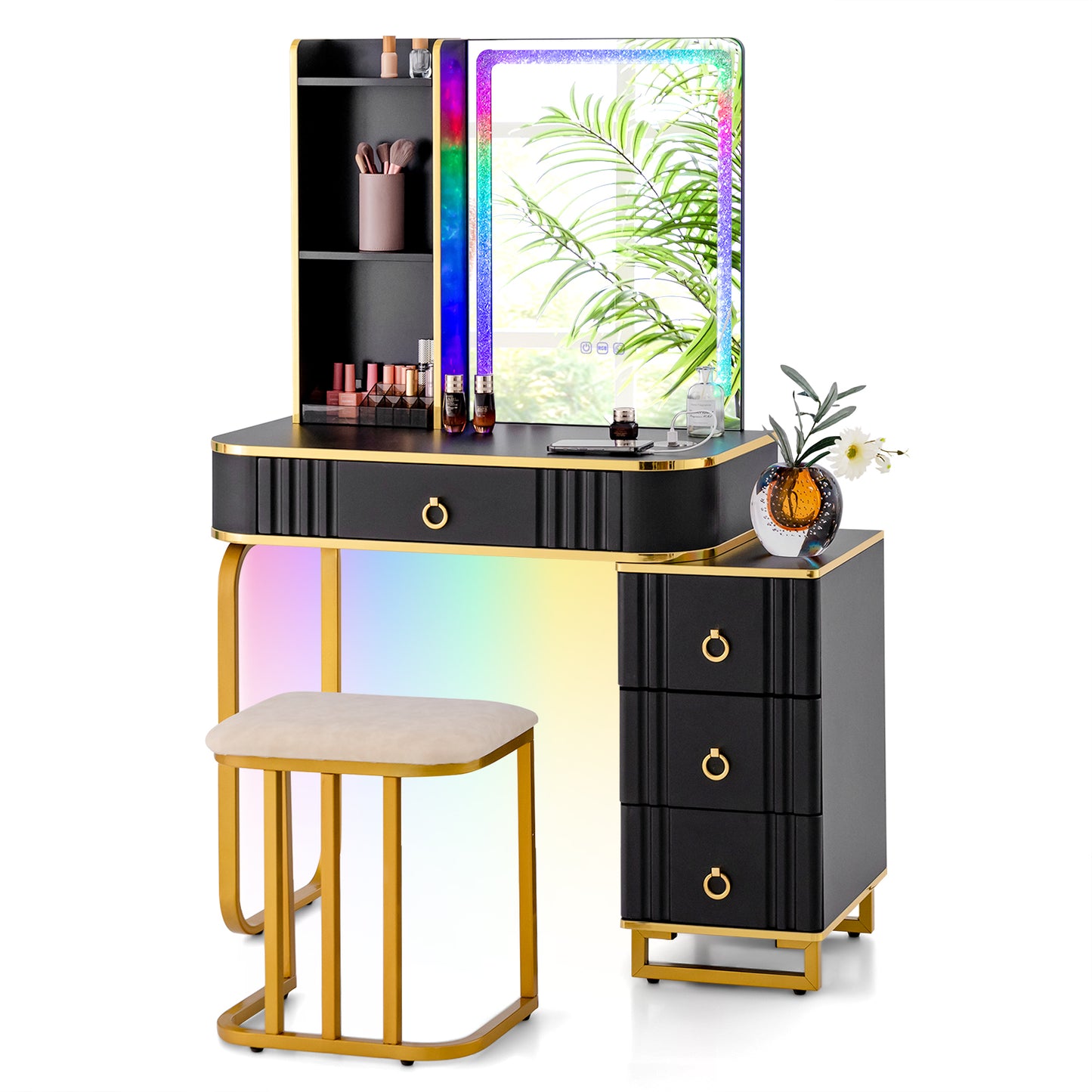 Vanity Table Set with RGB LED Lights & Wireless Charging