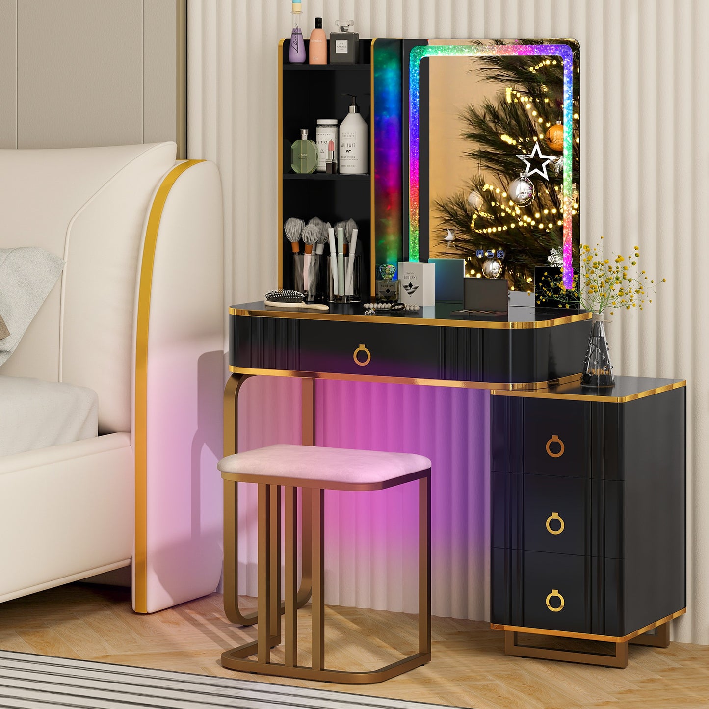 Vanity Table Set with RGB LED Lights & Wireless Charging