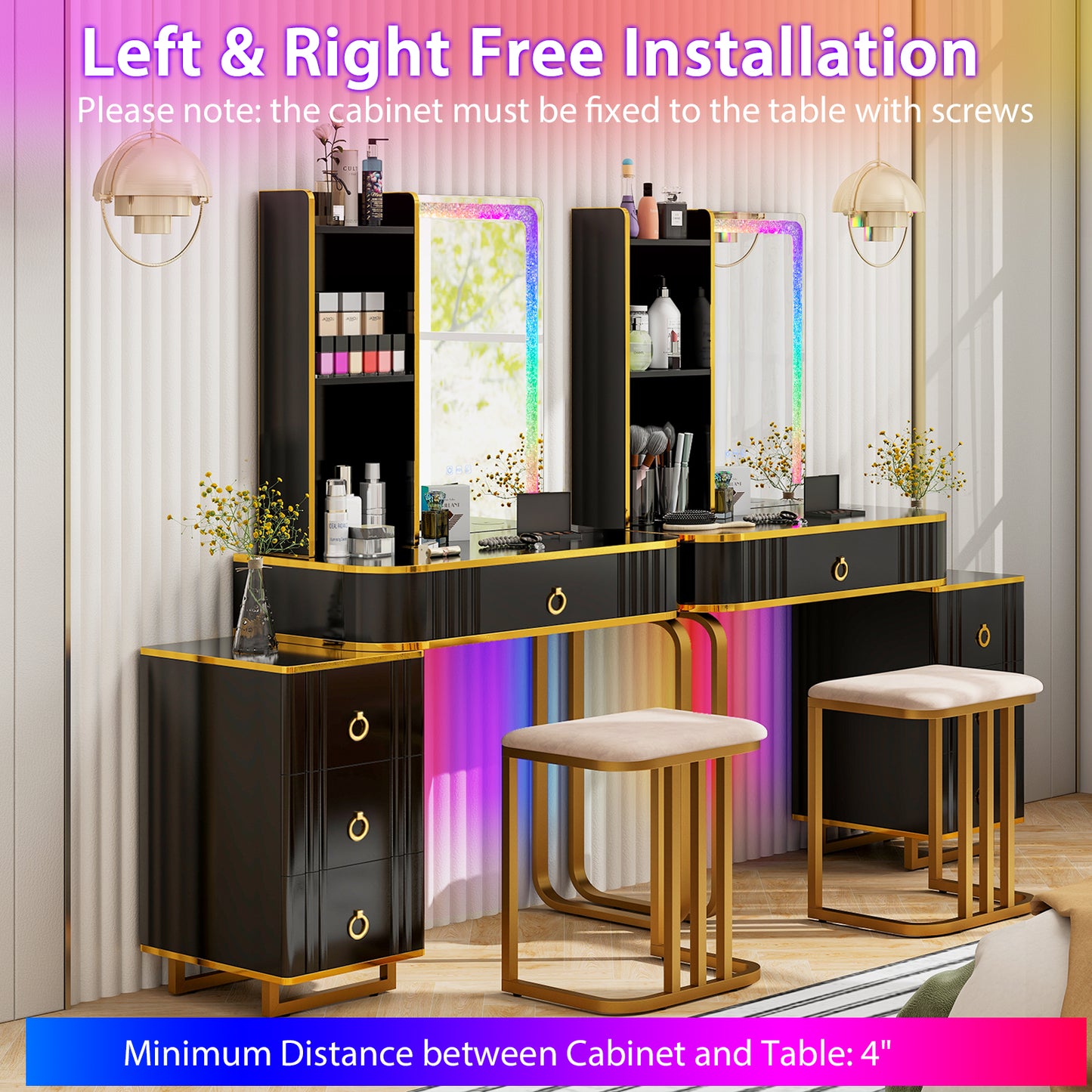 Vanity Table Set with RGB LED Lights & Wireless Charging
