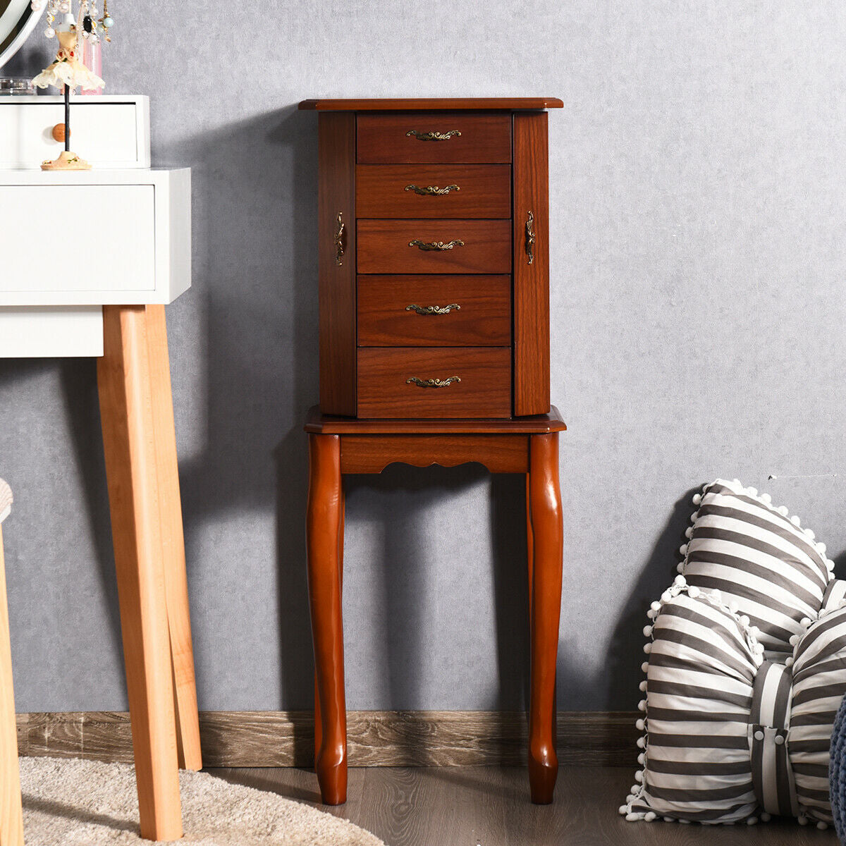 Jewelry Armoire with 5 Drawers and Mirror