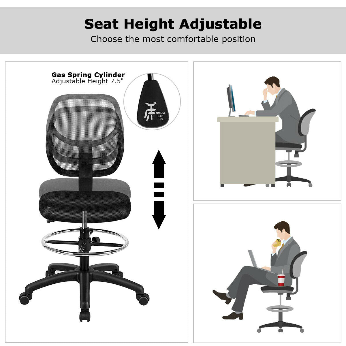 Mid Back Mesh Drafting Chair with Adjustable Height
