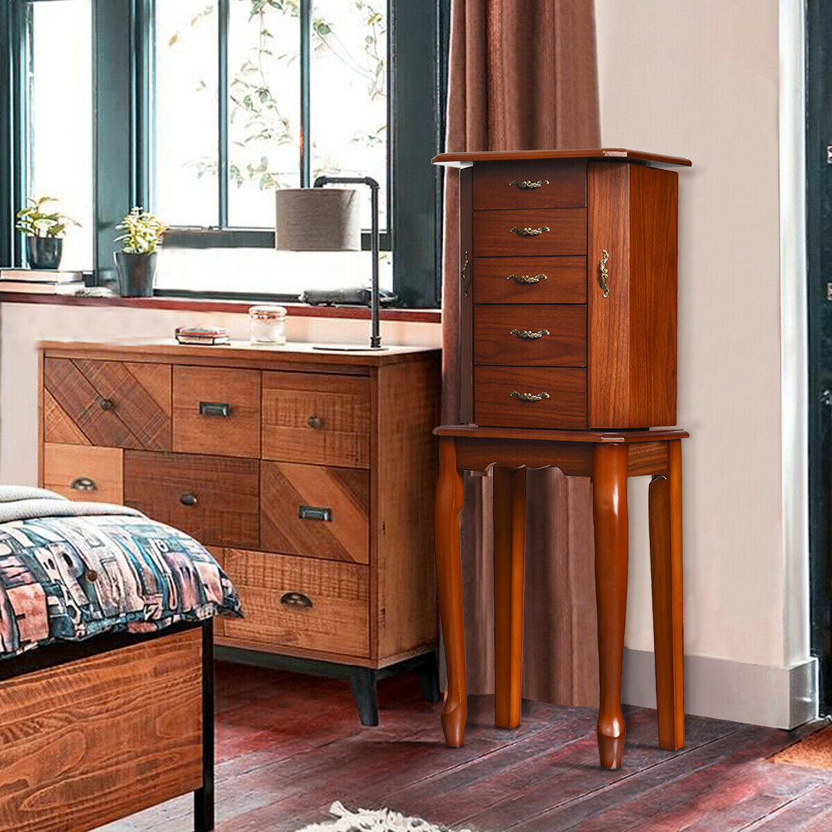 Jewelry Armoire with 5 Drawers and Mirror