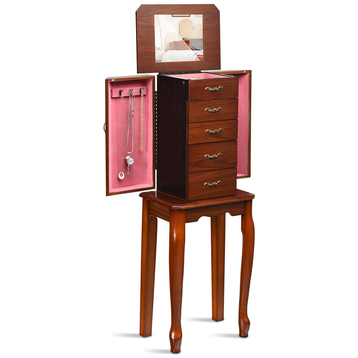 Jewelry Armoire with 5 Drawers and Mirror