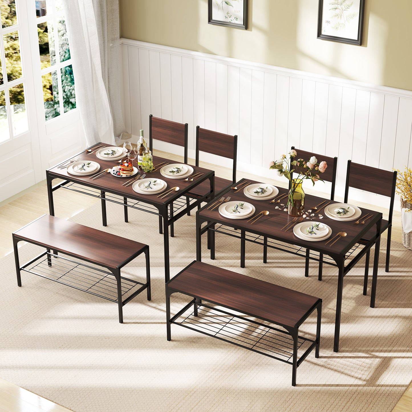 Rectangular Dining Table Set with Bench and 2 Chairs