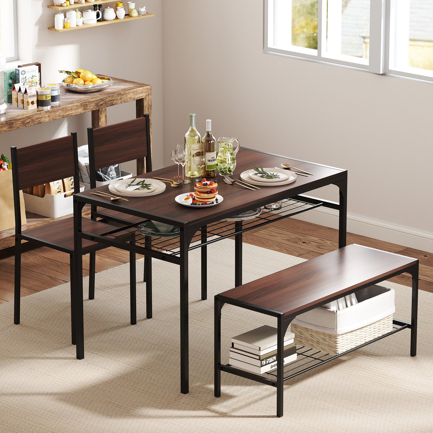 Rectangular Dining Table Set with Bench and 2 Chairs