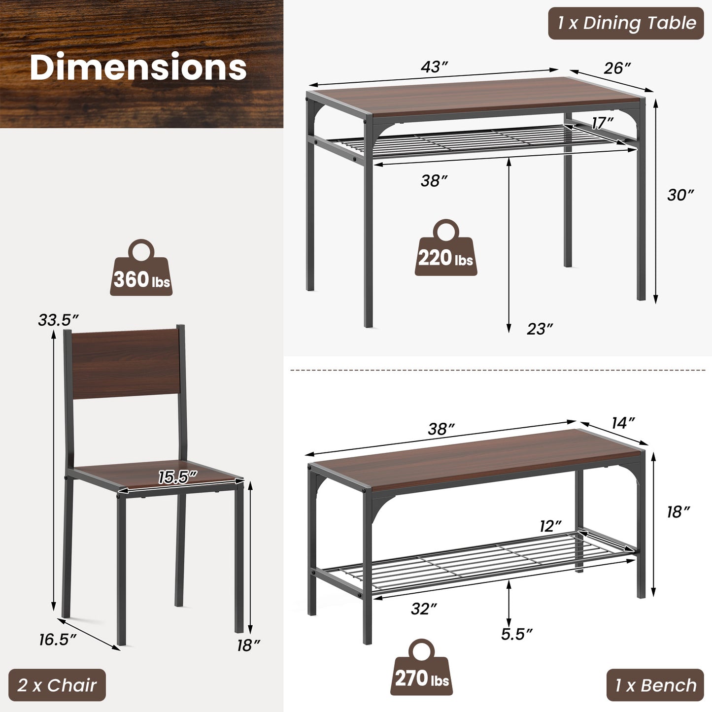 Rectangular Dining Table Set with Bench and 2 Chairs