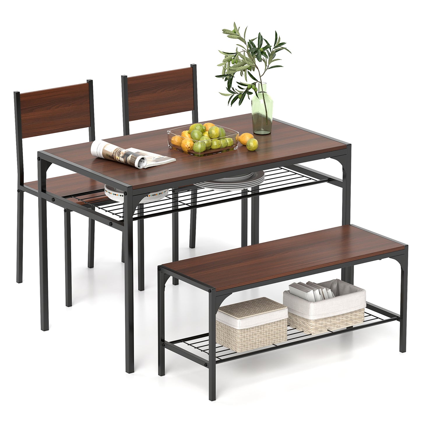 Rectangular Dining Table Set with Bench and 2 Chairs