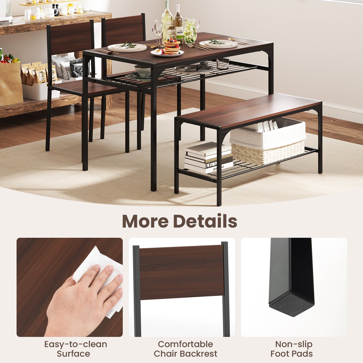 Rectangular Dining Table Set with Bench and 2 Chairs