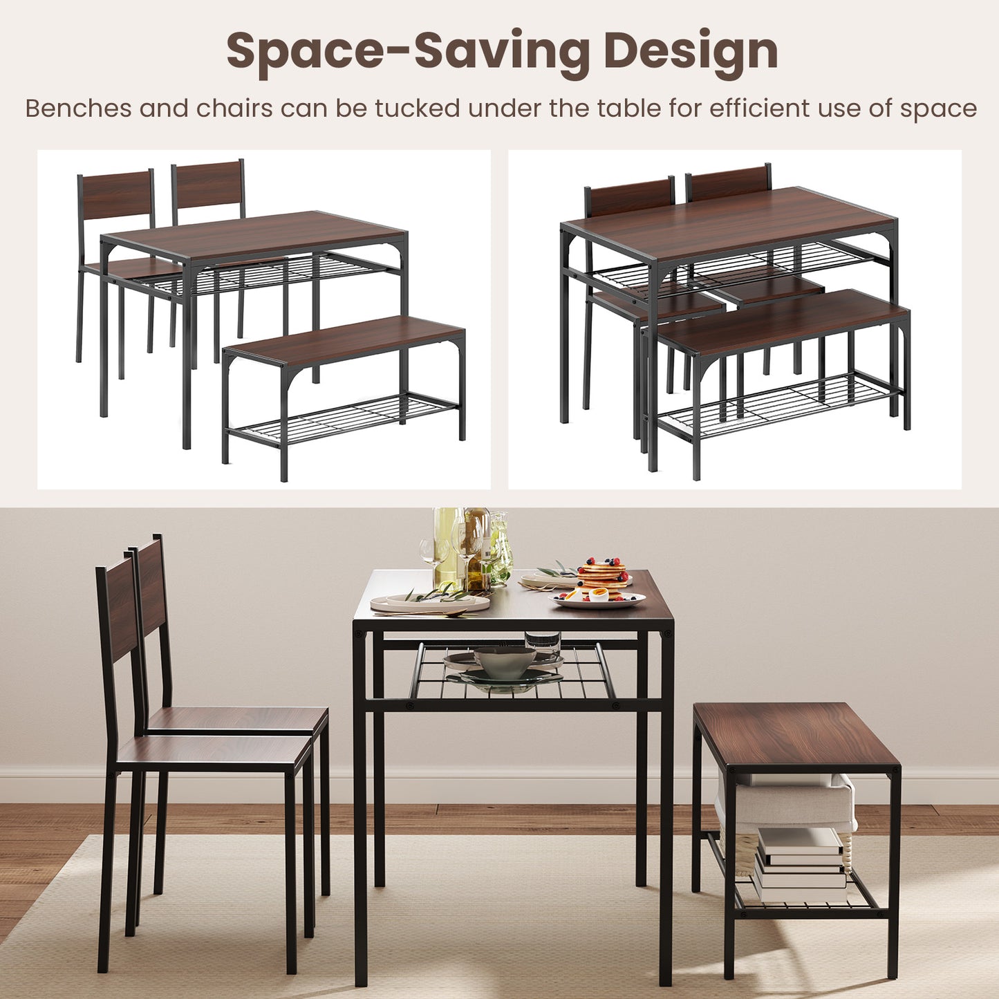 Rectangular Dining Table Set with Bench and 2 Chairs
