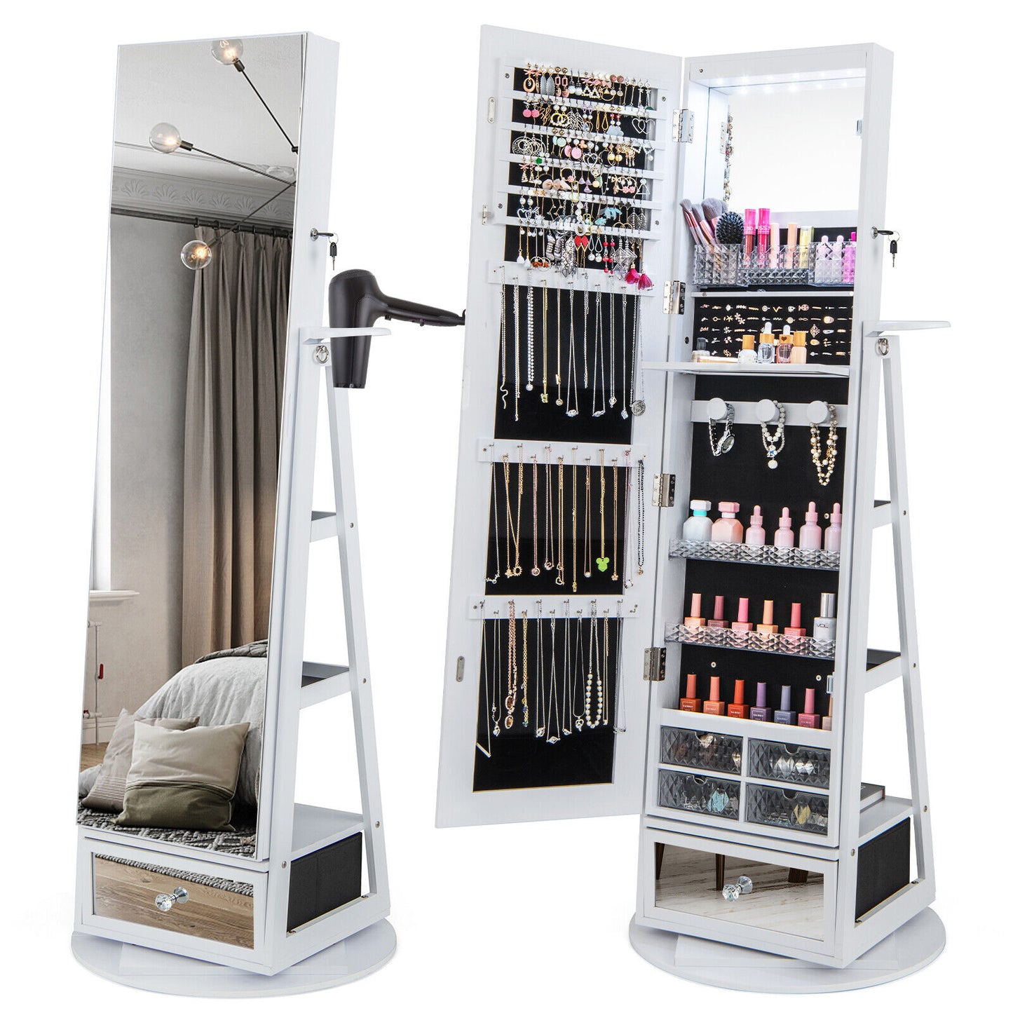 360° Swivel Jewelry Armoire with Full-Length Mirror & LED Lights