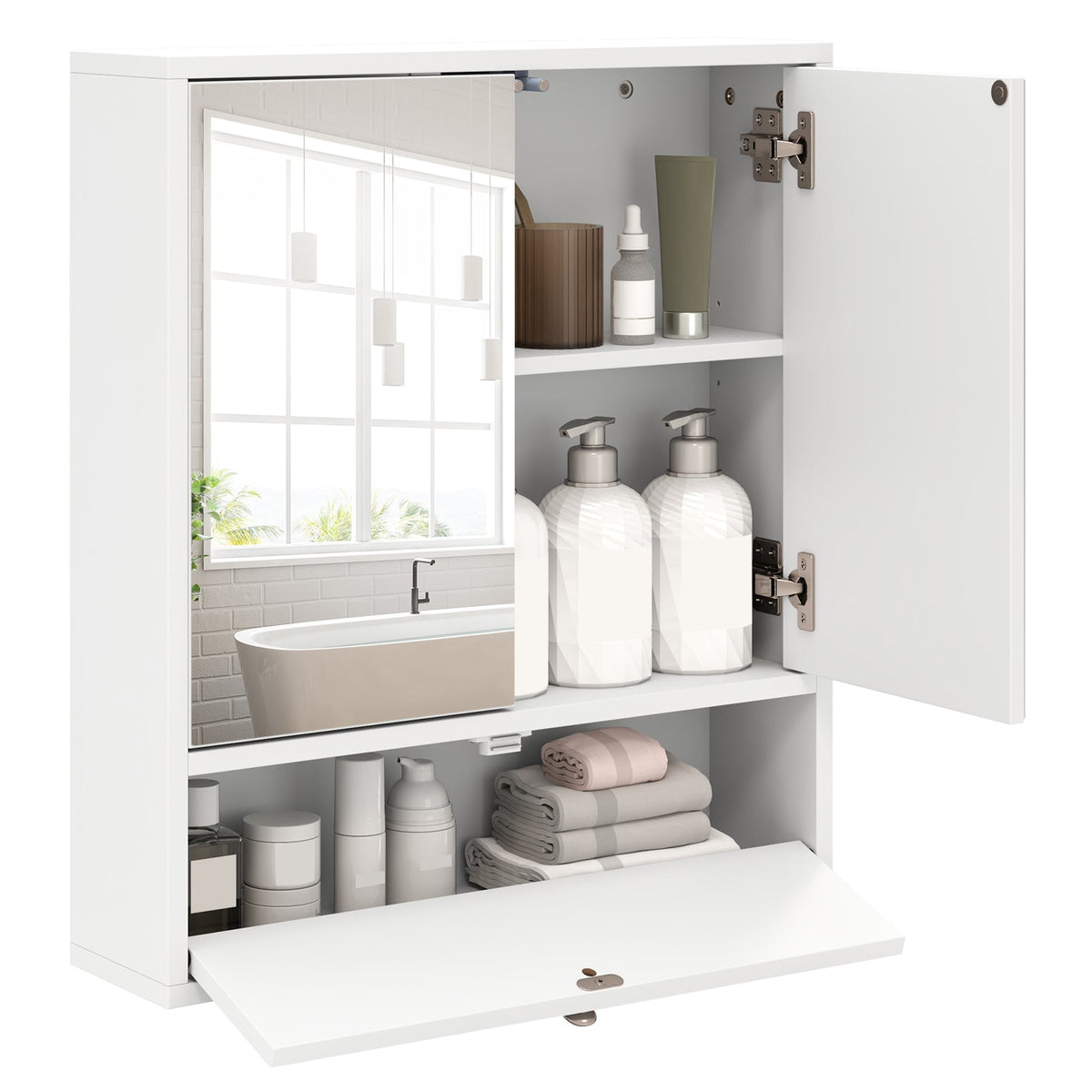 Double Door Wall-Mounted Bathroom Mirrored Medicine Cabinet-White