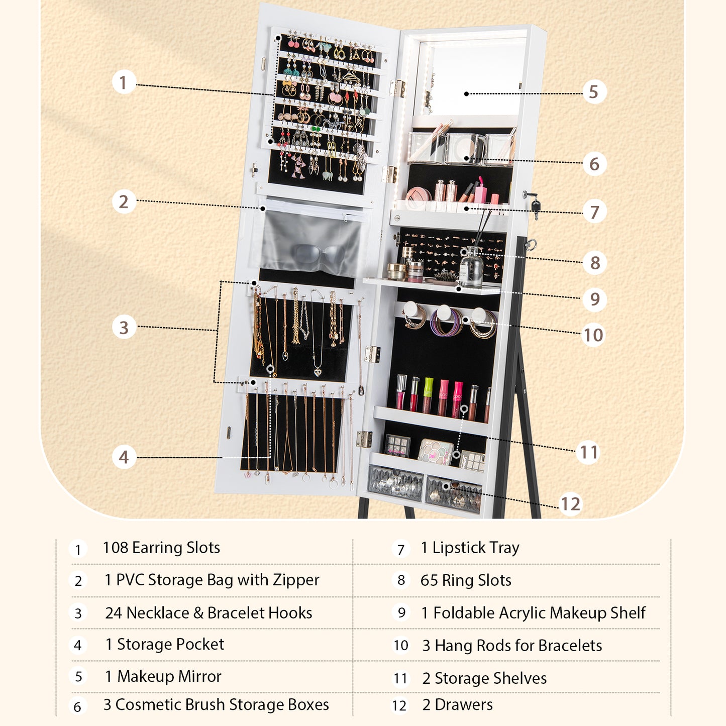 Jewelry Armoire with Full-Length Mirror and LED Lights