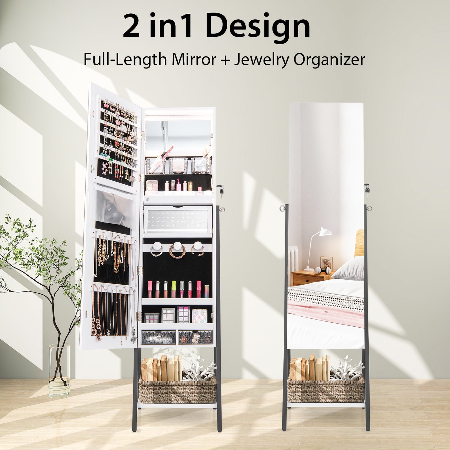 Jewelry Armoire with Full-Length Mirror and LED Lights