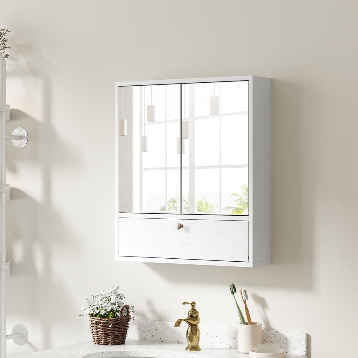 Double Door Wall-Mounted Bathroom Mirrored Medicine Cabinet-White