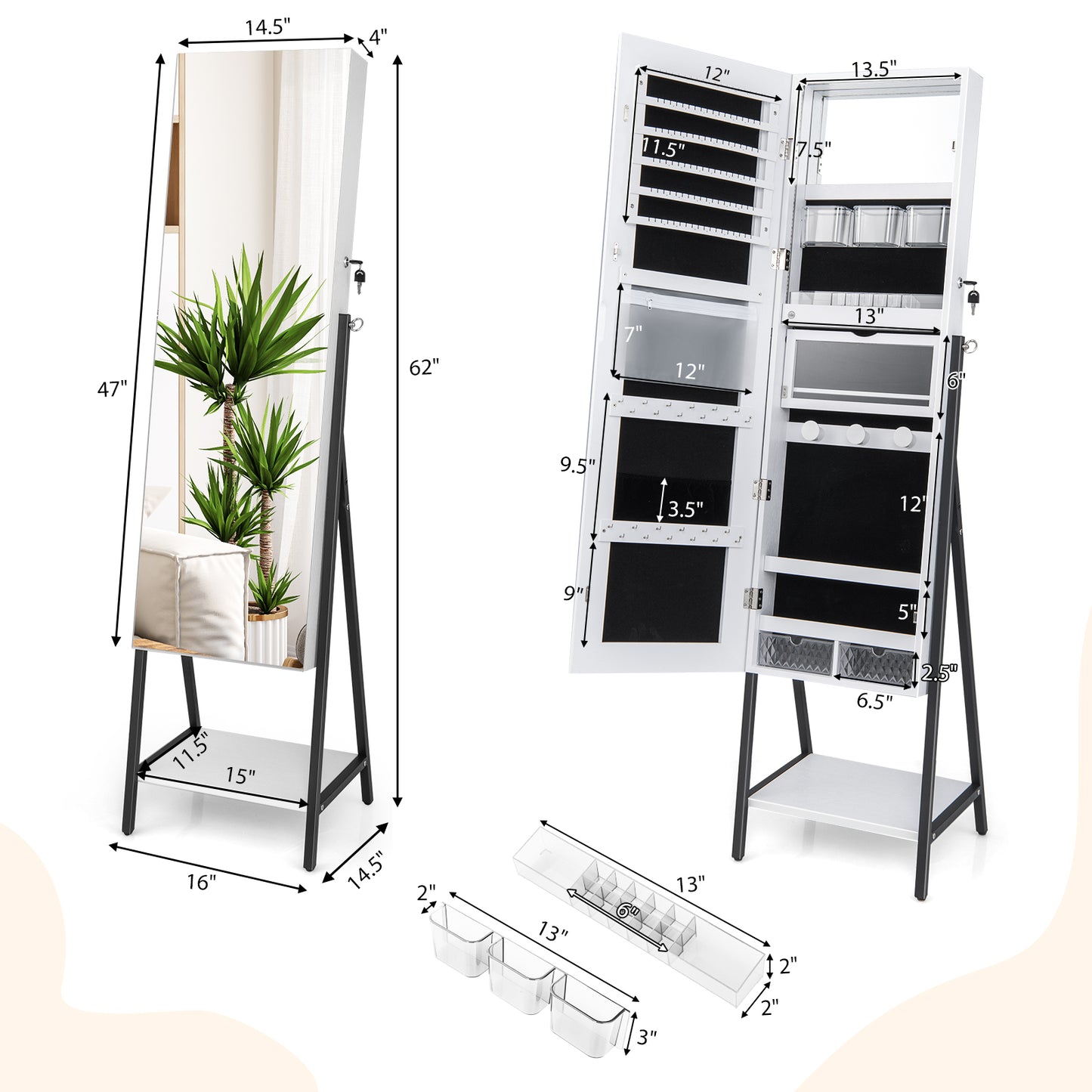 Jewelry Armoire with Full-Length Mirror and LED Lights