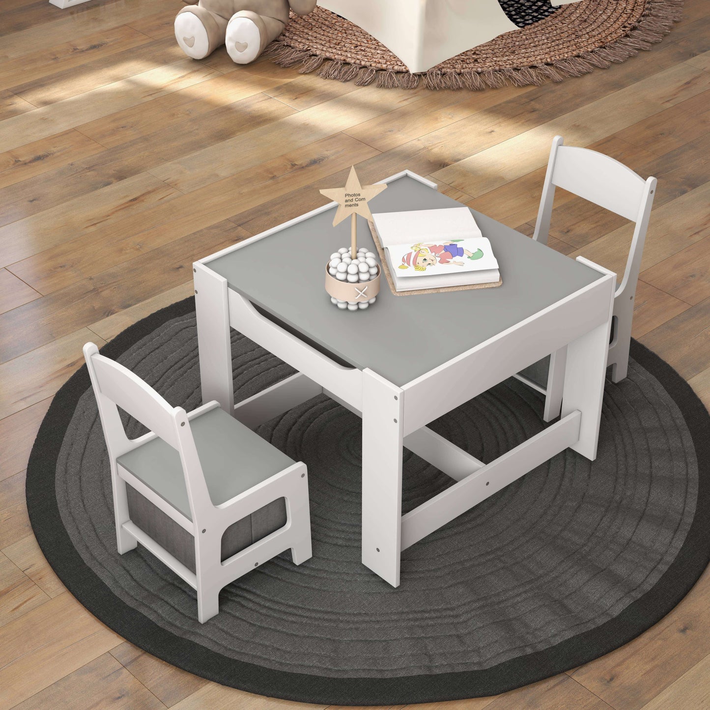 Kids Table and Chair Set with Storage and Drawing Board