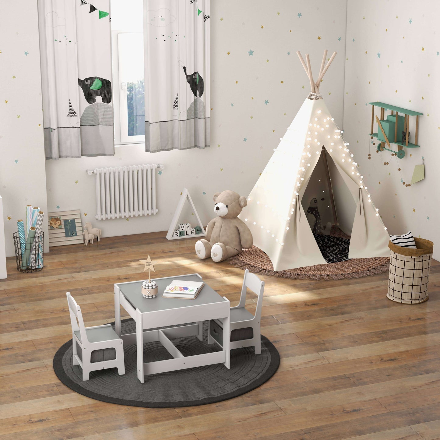 Kids Table and Chair Set with Storage and Drawing Board