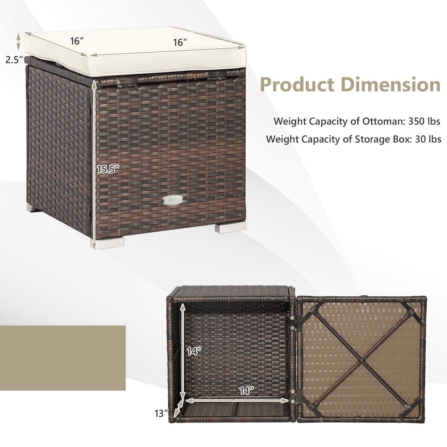 Patio Ottoman Set with Removable Cushions & Storage (2-Piece)