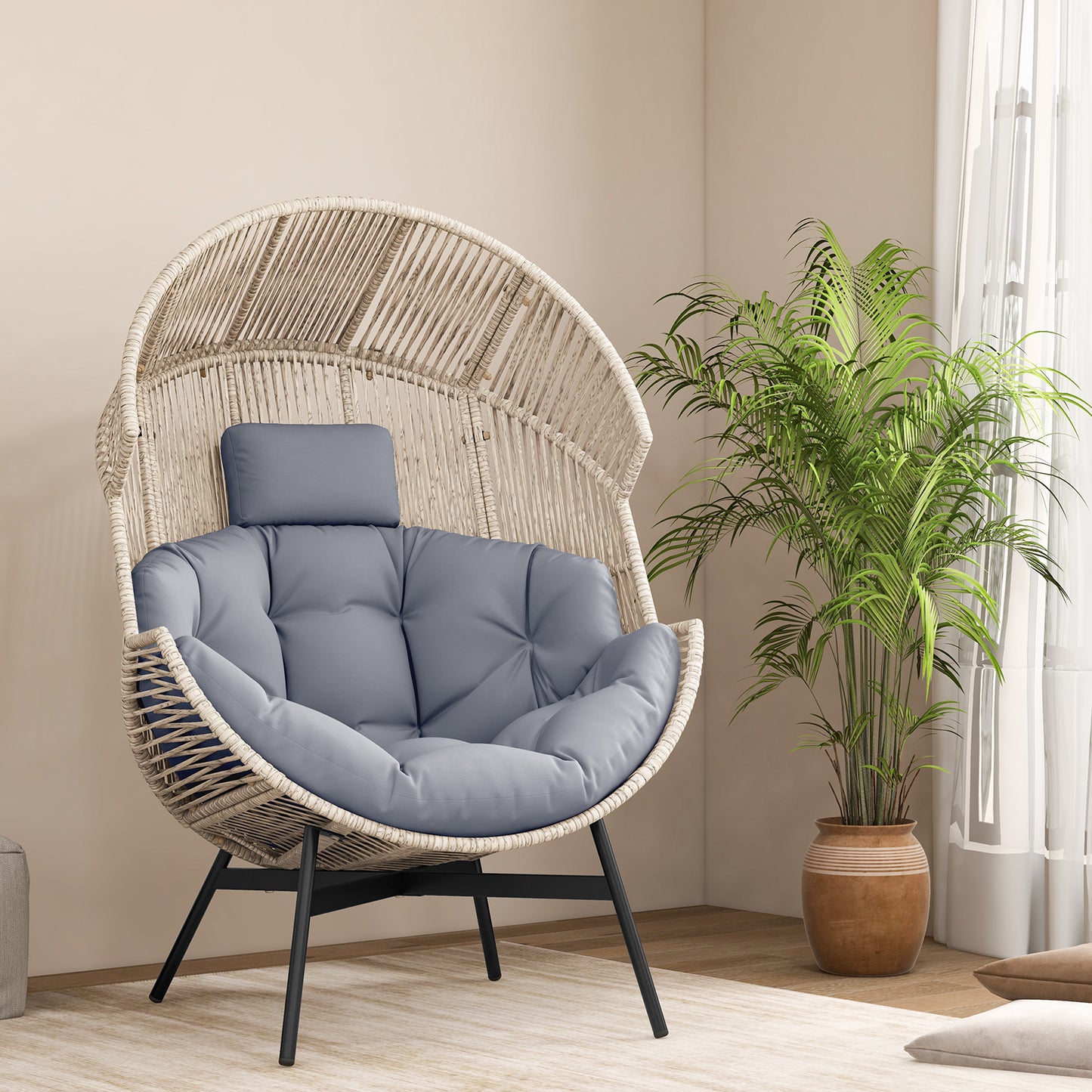 Oversized Wicker Egg Chair with Cushions and Headrest