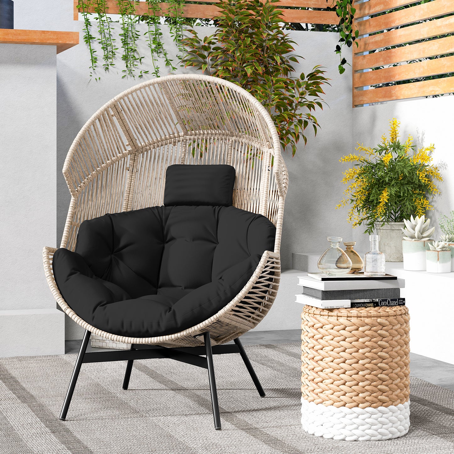 Oversized Wicker Egg Chair with Cushions and Headrest