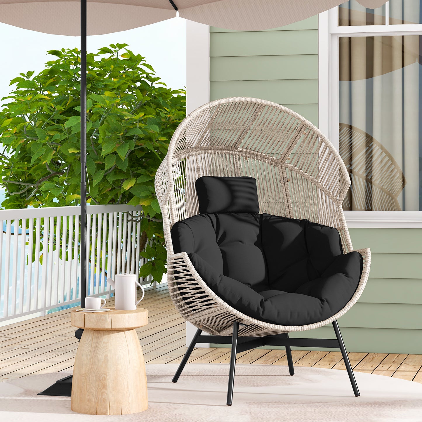 Oversized Wicker Egg Chair with Cushions and Headrest
