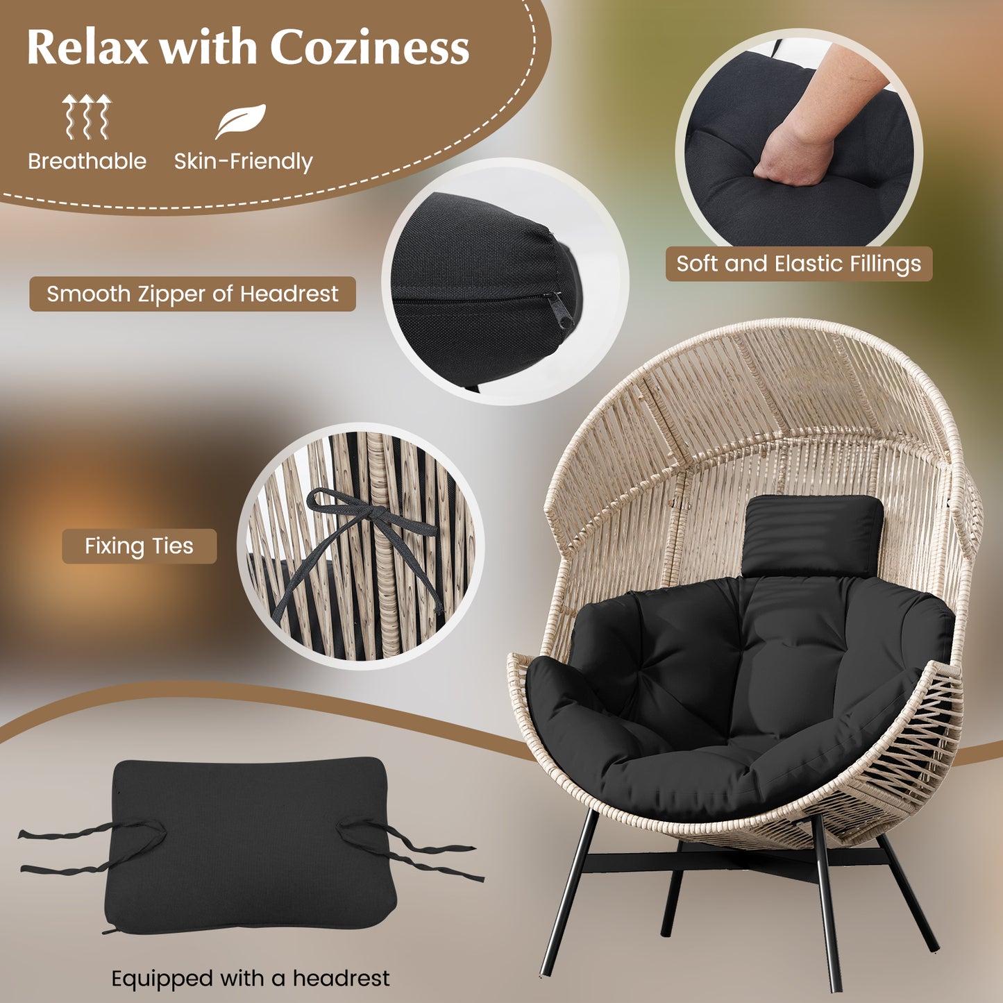 Oversized Wicker Egg Chair with Cushions and Headrest