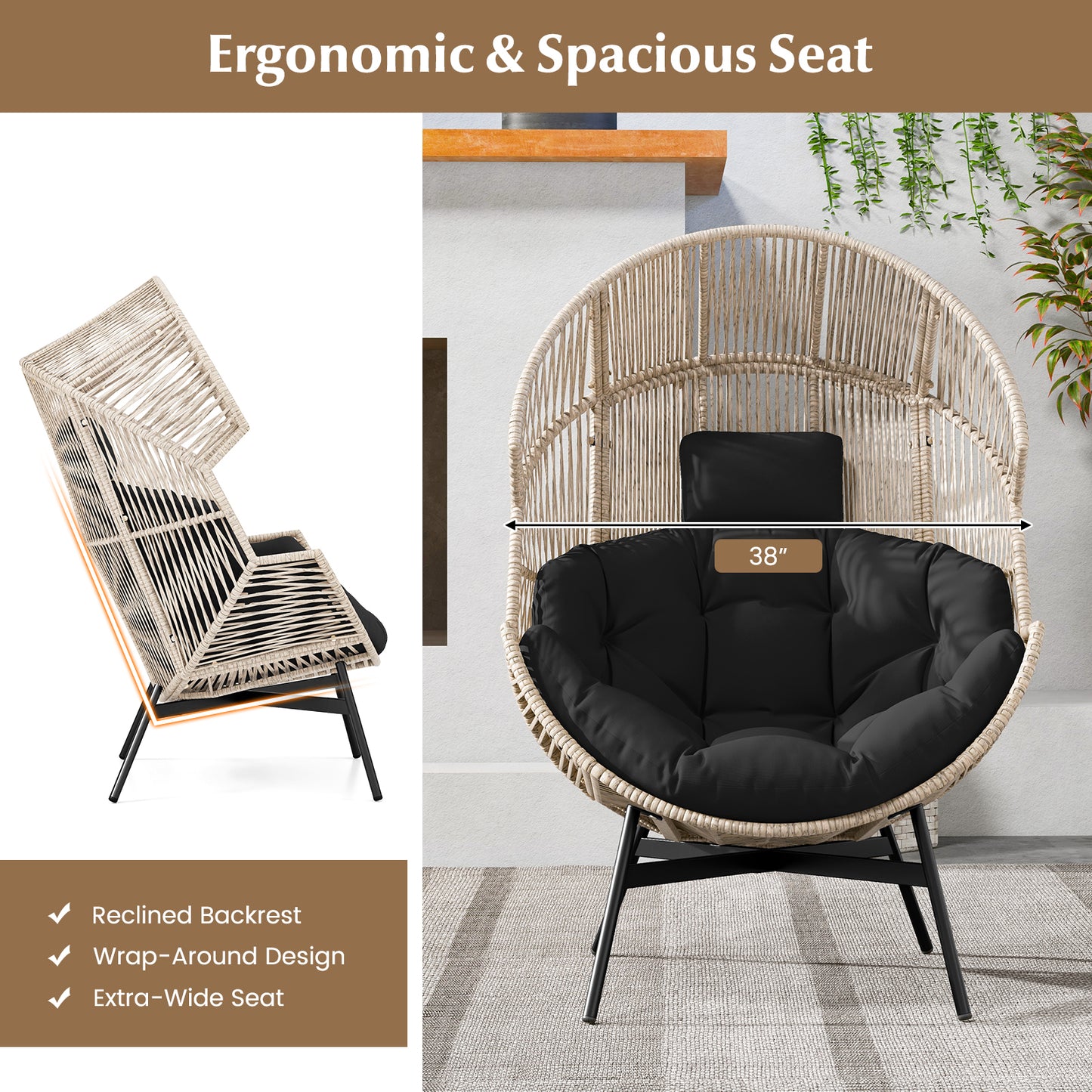 Oversized Wicker Egg Chair with Cushions and Headrest