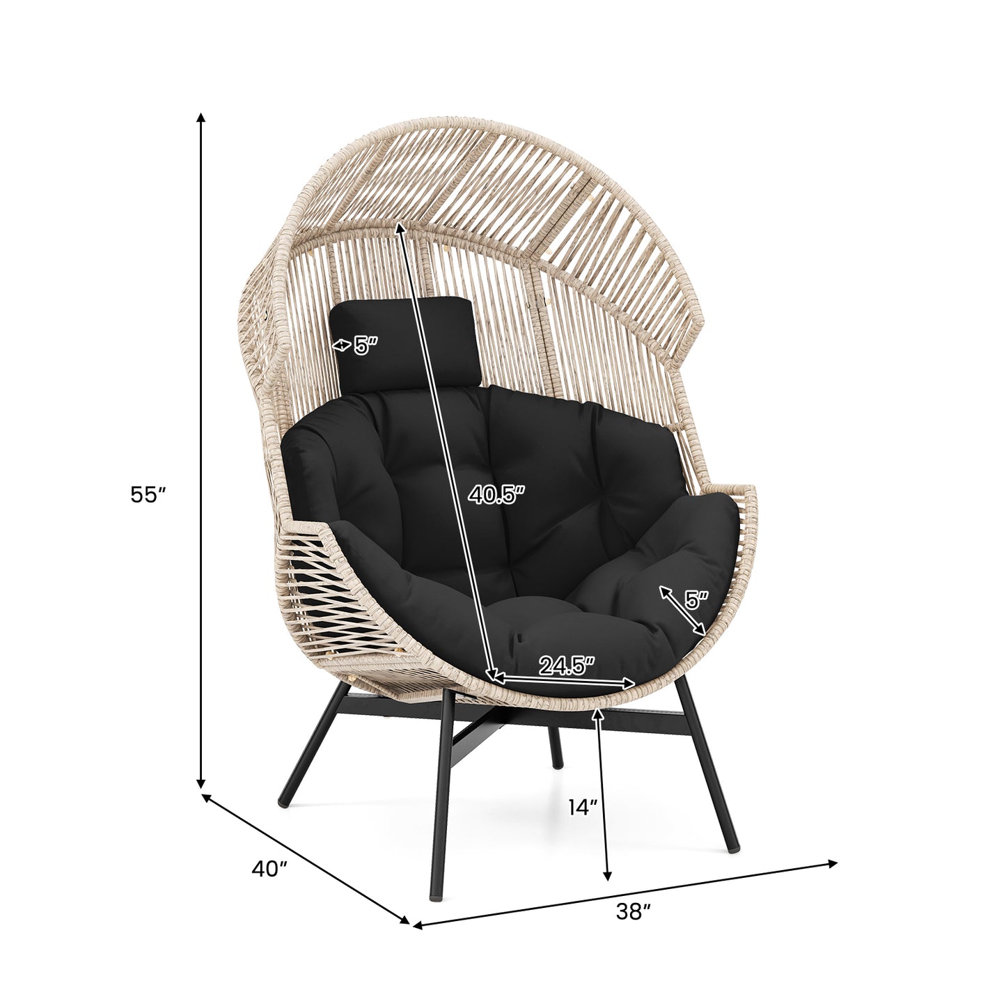 Oversized Wicker Egg Chair with Cushions and Headrest