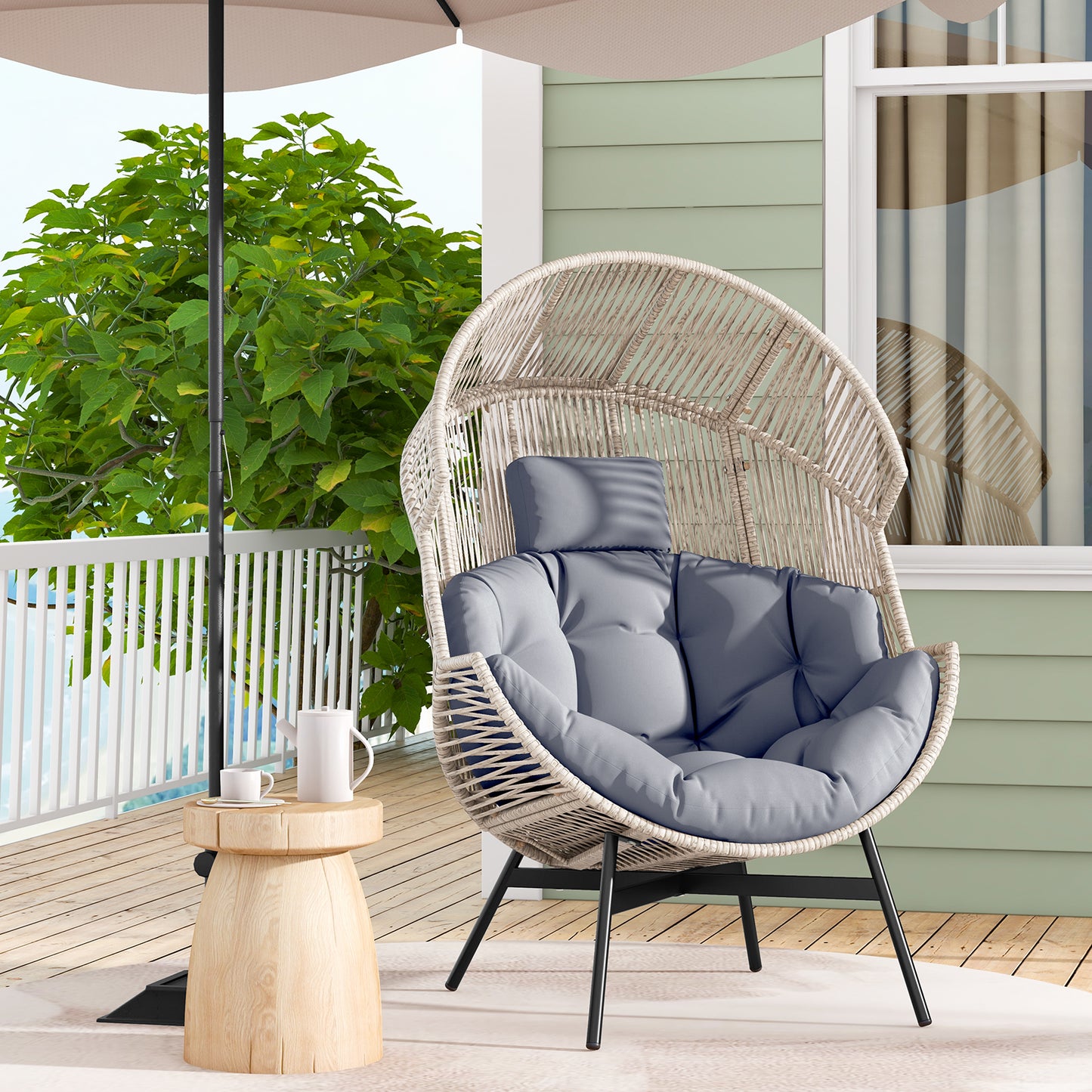 Oversized Wicker Egg Chair with Cushions and Headrest
