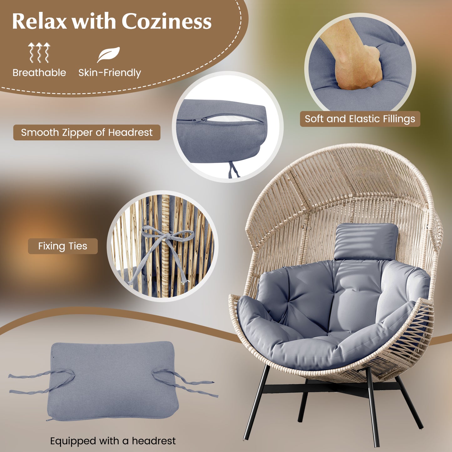 Oversized Wicker Egg Chair with Cushions and Headrest